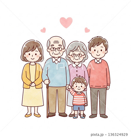 三世代家族が寄り添う温かいイラスト|祖父母・両親・子ども 三世代家族が寄り添う温かいイラスト|祖父母・両親・子ども 136324929