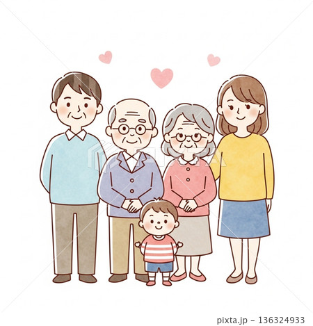 三世代家族が寄り添う温かいイラスト|祖父母・両親・子ども 三世代家族が寄り添う温かいイラスト|祖父母・両親・子ども 136324933
