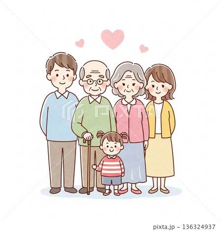 三世代家族が寄り添う温かいイラスト|祖父母・両親・子ども 三世代家族が寄り添う温かいイラスト|祖父母・両親・子ども 136324937