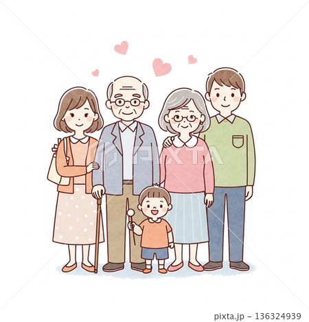 三世代家族が寄り添う温かいイラスト|祖父母・両親・子ども 三世代家族が寄り添う温かいイラスト|祖父母・両親・子ども 136324939