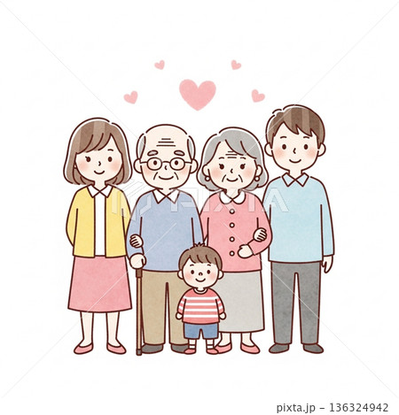 三世代家族が寄り添う温かいイラスト|祖父母・両親・子ども 三世代家族が寄り添う温かいイラスト|祖父母・両親・子ども 136324942