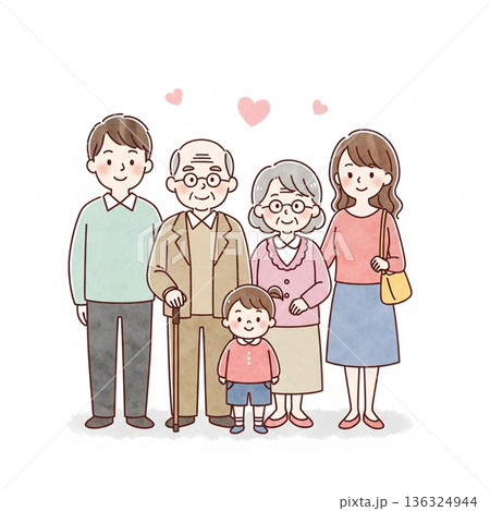 三世代家族が寄り添う温かいイラスト｜祖父母・両親・子ども 136324944