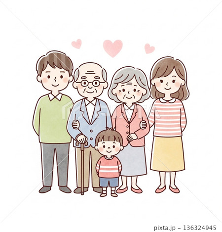 三世代家族が寄り添う温かいイラスト｜祖父母・両親・子ども 136324945