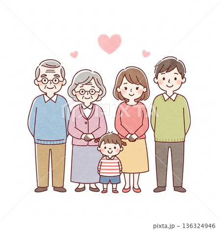 三世代家族が寄り添う温かいイラスト｜祖父母・両親・子ども 136324946