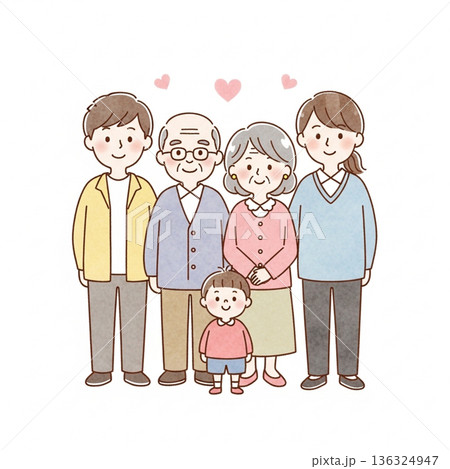 三世代家族が寄り添う温かいイラスト｜祖父母・両親・子ども 136324947