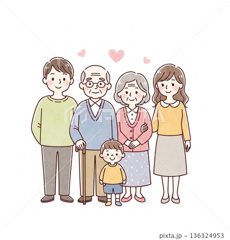 三世代家族が寄り添う温かいイラスト|祖父母・両親・子ども 三世代家族が寄り添う温かいイラスト|祖父母・両親・子ども 136324953