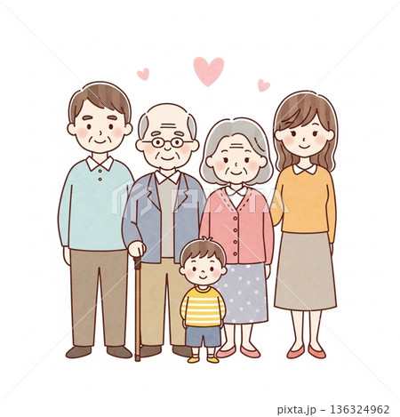 三世代家族が寄り添う温かいイラスト｜祖父母・両親・子ども 136324962