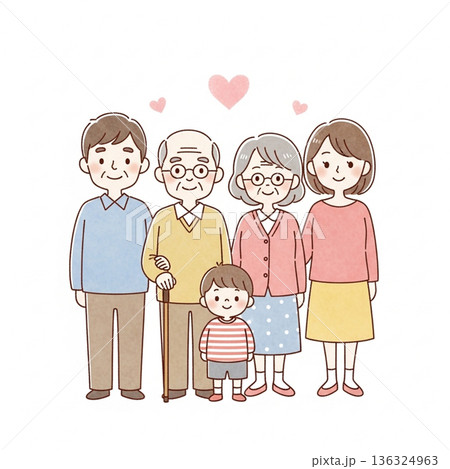 三世代家族が寄り添う温かいイラスト|祖父母・両親・子ども 三世代家族が寄り添う温かいイラスト|祖父母・両親・子ども 136324963