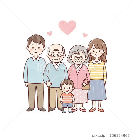 三世代家族が寄り添う温かいイラスト|祖父母・両親・子ども 三世代家族が寄り添う温かいイラスト|祖父母・両親・子ども 136324965