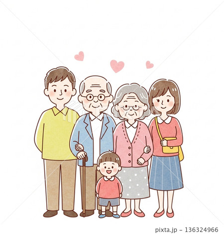 三世代家族が寄り添う温かいイラスト|祖父母・両親・子ども 三世代家族が寄り添う温かいイラスト|祖父母・両親・子ども 136324966