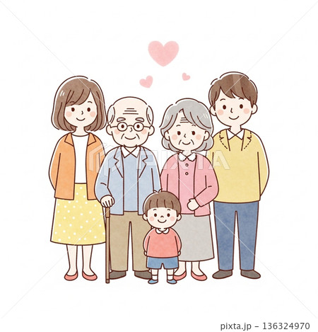 三世代家族が寄り添う温かいイラスト|祖父母・両親・子ども 三世代家族が寄り添う温かいイラスト|祖父母・両親・子ども 136324970