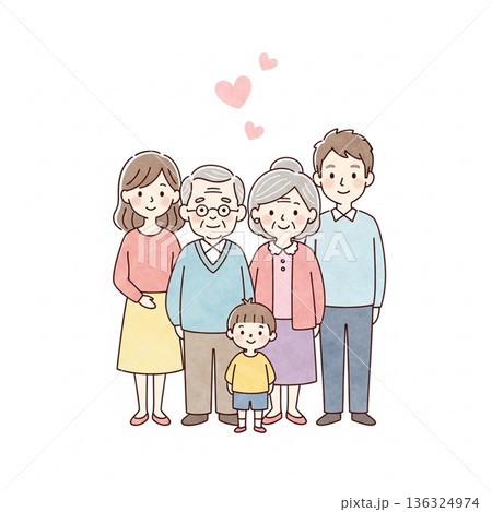 三世代家族が寄り添う温かいイラスト|祖父母・両親・子ども 三世代家族が寄り添う温かいイラスト|祖父母・両親・子ども 136324974