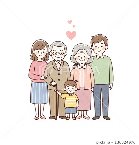三世代家族が寄り添う温かいイラスト｜祖父母・両親・子ども 136324976