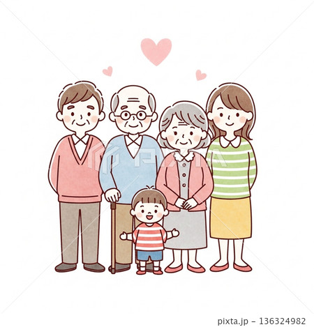 三世代家族が寄り添う温かいイラスト｜祖父母・両親・子ども 136324982