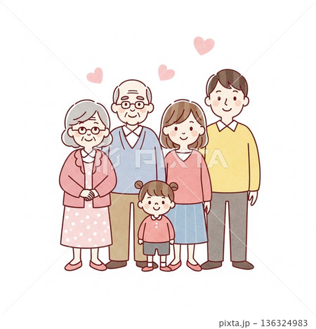 三世代家族が寄り添う温かいイラスト｜祖父母・両親・子ども 136324983