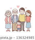 三世代家族が寄り添う温かいイラスト｜祖父母・両親・子ども 136324985