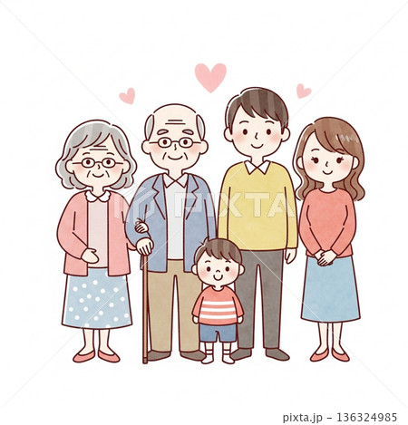 三世代家族が寄り添う温かいイラスト｜祖父母・両親・子ども 136324985