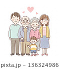 三世代家族が寄り添う温かいイラスト｜祖父母・両親・子ども 136324986