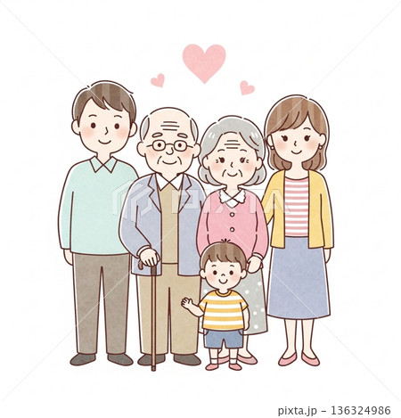 三世代家族が寄り添う温かいイラスト｜祖父母・両親・子ども 136324986
