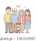三世代家族が寄り添う温かいイラスト｜祖父母・両親・子ども 136324987