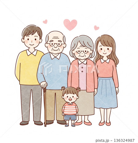 三世代家族が寄り添う温かいイラスト|祖父母・両親・子ども 三世代家族が寄り添う温かいイラスト|祖父母・両親・子ども 136324987