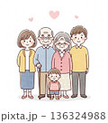 三世代家族が寄り添う温かいイラスト｜祖父母・両親・子ども 136324988