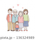 三世代家族が寄り添う温かいイラスト｜祖父母・両親・子ども 136324989