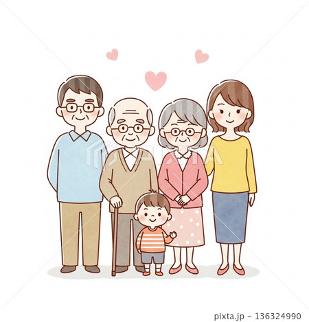 三世代家族が寄り添う温かいイラスト|祖父母・両親・子ども 三世代家族が寄り添う温かいイラスト|祖父母・両親・子ども 136324990