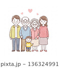 三世代家族が寄り添う温かいイラスト｜祖父母・両親・子ども 136324991
