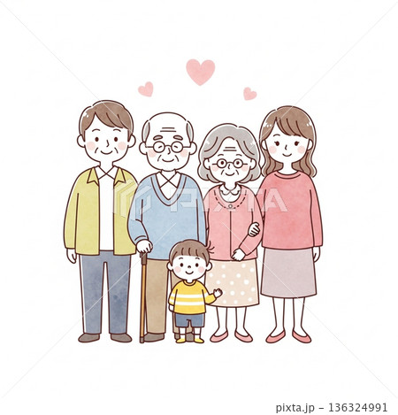 三世代家族が寄り添う温かいイラスト|祖父母・両親・子ども 三世代家族が寄り添う温かいイラスト|祖父母・両親・子ども 136324991