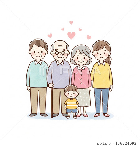 三世代家族が寄り添う温かいイラスト｜祖父母・両親・子ども 136324992
