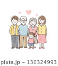 三世代家族が寄り添う温かいイラスト｜祖父母・両親・子ども 136324993