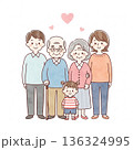 三世代家族が寄り添う温かいイラスト｜祖父母・両親・子ども 136324995