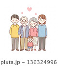 三世代家族が寄り添う温かいイラスト｜祖父母・両親・子ども 136324996