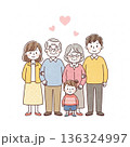 三世代家族が寄り添う温かいイラスト｜祖父母・両親・子ども 136324997