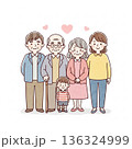三世代家族が寄り添う温かいイラスト｜祖父母・両親・子ども 136324999