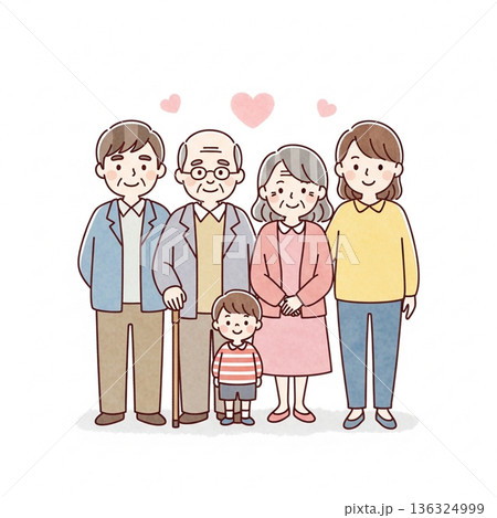 三世代家族が寄り添う温かいイラスト|祖父母・両親・子ども 三世代家族が寄り添う温かいイラスト|祖父母・両親・子ども 136324999