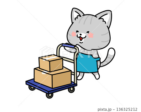 台車でダンボールを運ぶエプロン猫ちゃん 台車でダンボールを運ぶエプロン猫ちゃん 136325212