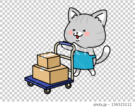 穿著圍裙的貓咪用手推車運載紙箱 136325212