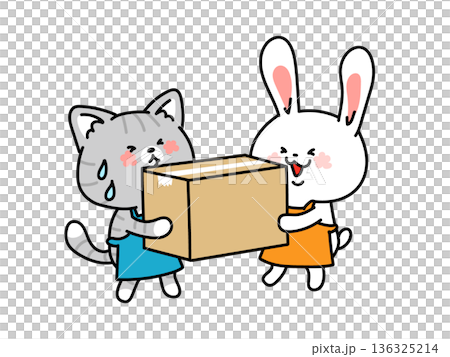 大きなダンボール箱を運ぶ猫とウサギ 136325214