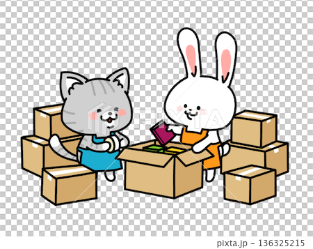 ダンボールに荷物を詰めるウサギと猫 136325215