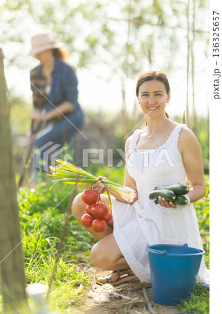 Woman in white dress with ripe vegetables in her hands - tomatoes, zucchini and green onions 136325657