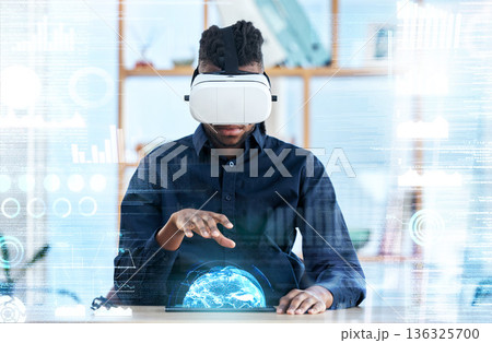 Hologram, virtual reality and global business man review statistics, cyber administration or AI software. UI overlay, future economy metaverse and person with 3D headset and virtual world data Hologram, virtual reality and global business man review statistics, cyber administration or AI software. UI overlay, future economy metaverse and person with 3D headset and virtual world data 136325700