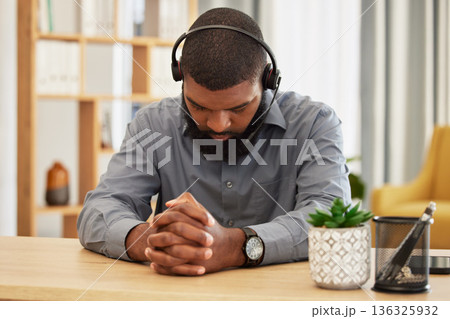Call center, stress and black man praying in office for workload, relief or mistake at desk. Telemarketing, fail and guy consultant pray for help with depression, anxiety or customer service pressure Call center, stress and black man praying in office for workload, relief or mistake at desk. Telemarketing, fail and guy consultant pray for help with depression, anxiety or customer service pressure 136325932