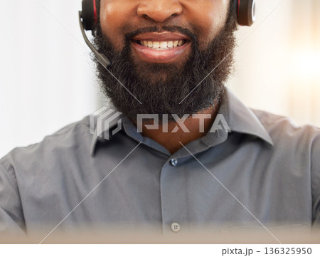 Face, mouth of black man and call center, headset with mic and customer service employee, CRM and smile. Male consultant teeth, help desk job and communication with contact us and tech support Face, mouth of black man and call center, headset with mic and customer service employee, CRM and smile. Male consultant teeth, help desk job and communication with contact us and tech support 136325950
