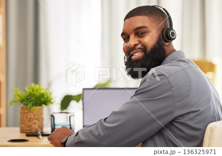 Man, portrait and call center laptop for consultant communication, technical support and work from home agency. Face of IT person with virtual telemarketing, helping and website contact on computer Man, portrait and call center laptop for consultant communication, technical support and work from home agency. Face of IT person with virtual telemarketing, helping and website contact on computer 136325971