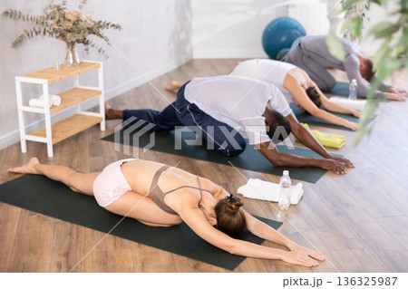 Young girl with multinational group of active people doing stretching exercises during yoga class Young girl with multinational group of active people doing stretching exercises during yoga class 136325987