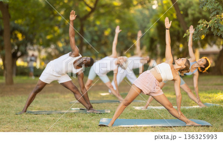 People of different ages and nationalities practice various yoga poses in summer garden 136325993