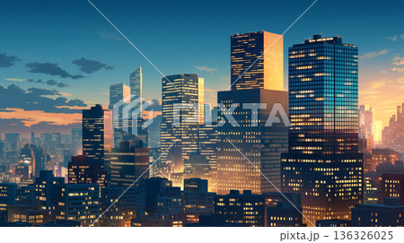 都市の夕暮れに包まれた高層ビル群と光あふれる街並みを描いたアニメ風イラスト背景素材 136326025