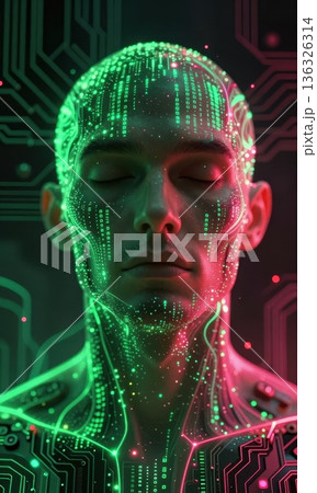 Portrait of futuristic male cyborg face with glowing green digital matrix code and neon lights on skin, artificial intelligence and cyberpunk concept. 136326314